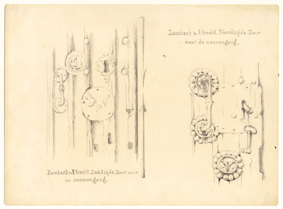 39874 Afbeelding van ijzeren decoratieve onderdelen aan de deur naar het triforium in de Domkerk te Utrecht.